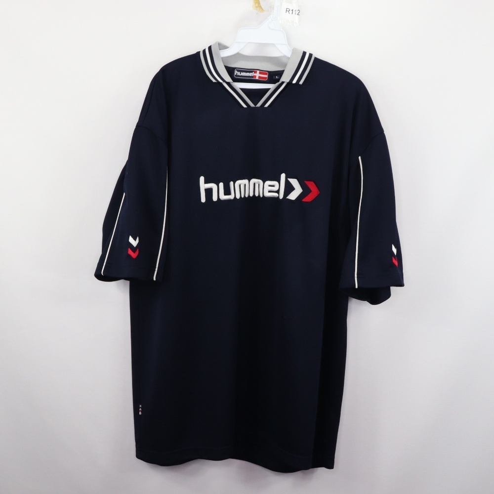 90s Hummel Mens Large Spell Out Soccer Shirt Blue